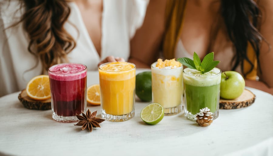 Flat lay of diverse wedding favor options including maple syrup, honey, soaps and succulents