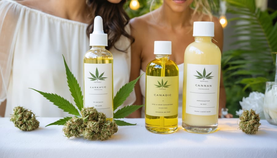 Elegant glass favor box containing amber gummies with white ribbon on wedding table