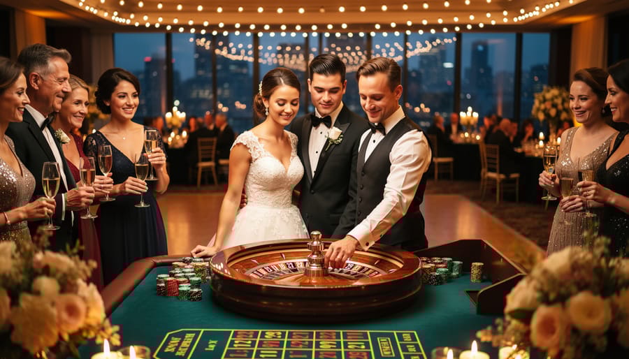 Bride and groom laughing with guests around a roulette table at a warmly lit wedding reception, with floral centerpieces and a city skyline visible through large windows.