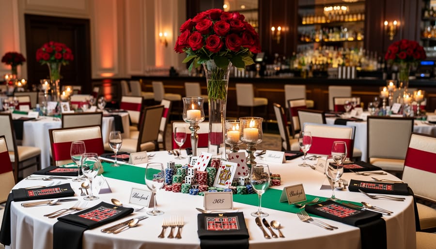 Elegant casino-themed wedding reception table with red and black décor, playing cards, and gold accents