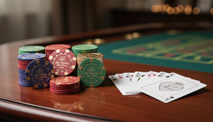 Close-up of personalized wedding poker chips and custom playing cards as reception favors