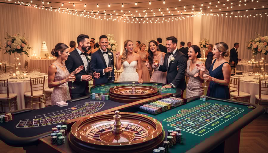 Wedding guests in formal attire enjoying blackjack game with professional dealer at reception