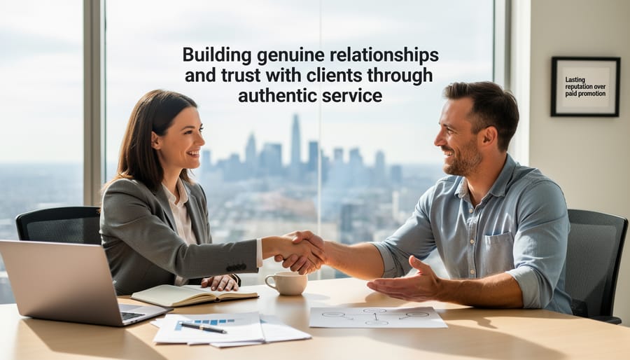 Wedding vendor meeting with couple in professional consultation setting with handshake