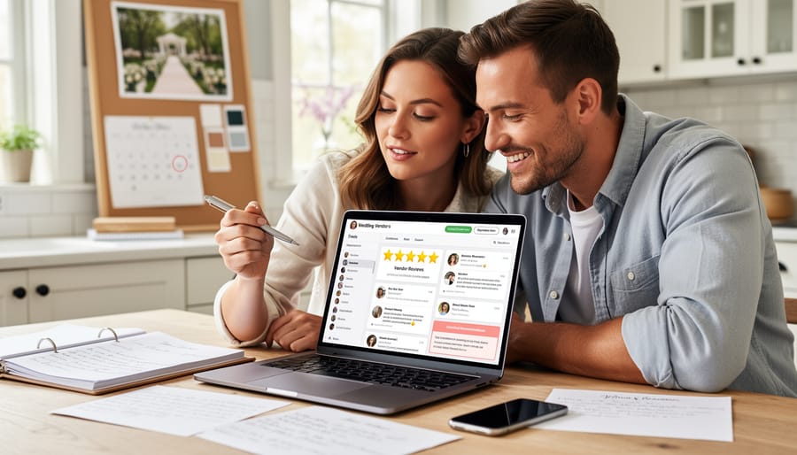 Bride looking concerned while reading reviews on smartphone during wedding planning