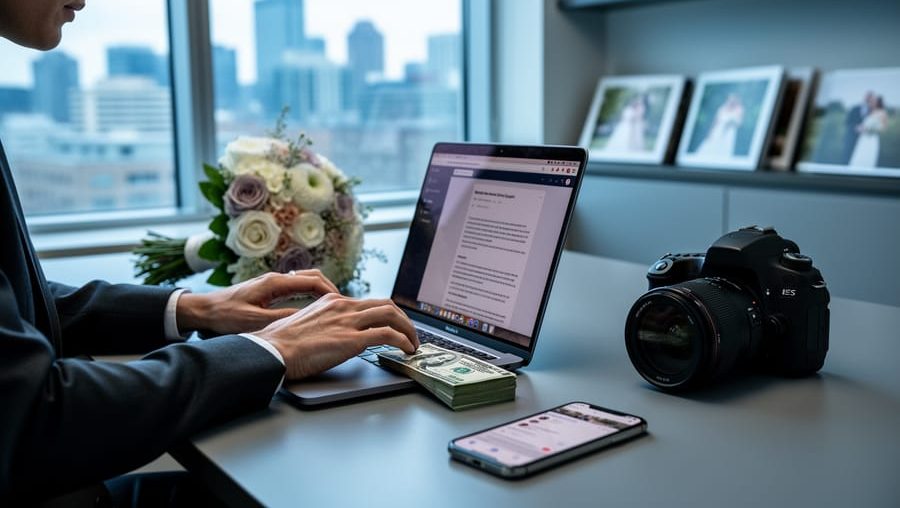 Eye-level medium photo of a Canadian wedding vendor typing on a laptop next to a small stack of cash, with bouquet sample, camera, and a smartphone showing a blurred social feed; soft daylight, blurred city skyline and wedding albums in the background.