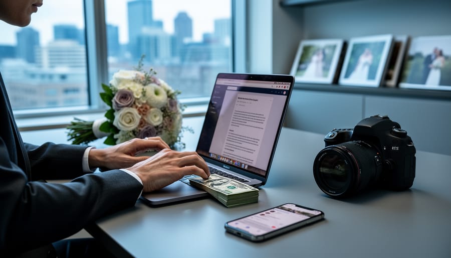 Eye-level medium photo of a Canadian wedding vendor typing on a laptop next to a small stack of cash, with bouquet sample, camera, and a smartphone showing a blurred social feed; soft daylight, blurred city skyline and wedding albums in the background.