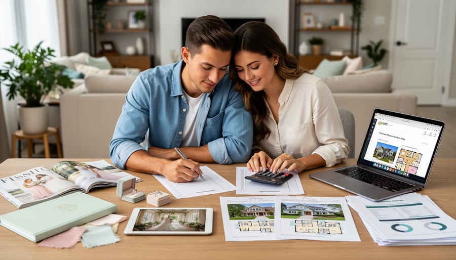 Engaged couple reviewing wedding plans and property documents together at home