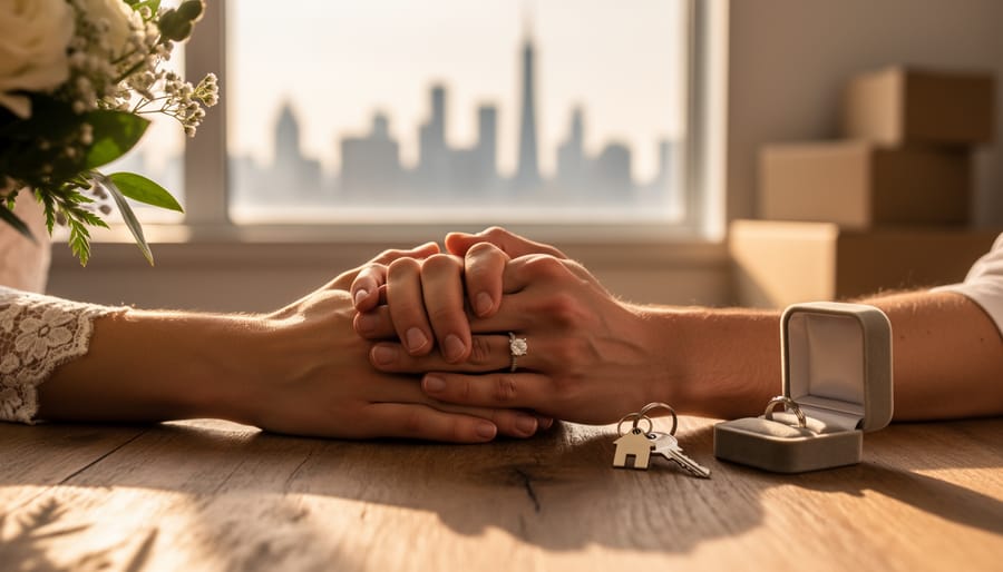 Engaged couple clasping hands at a table with house keys and an open ring box, bouquet greenery nearby, with blurred moving boxes and a distant Canadian city skyline in warm evening light.