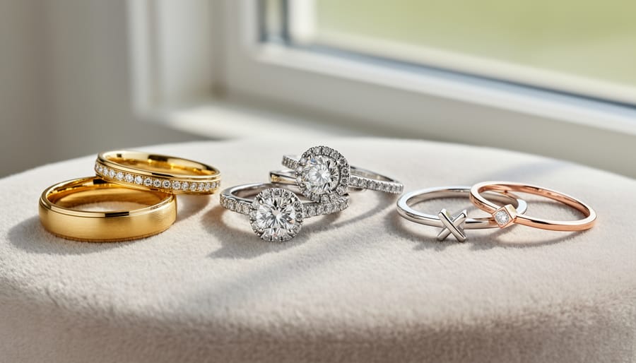 Three different styles of matching bridal ring sets displayed on wooden stands