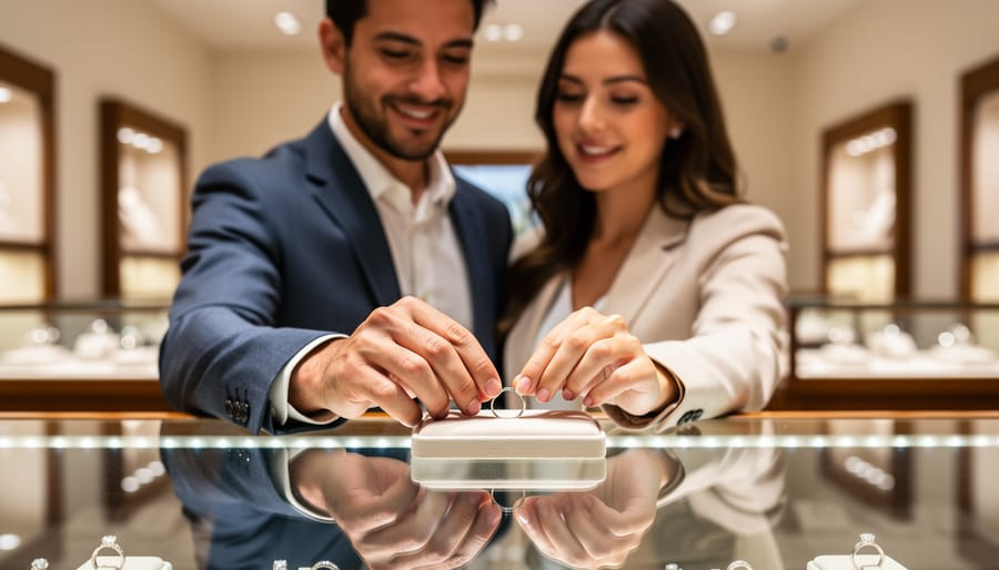 Couple's hands during wedding ring exchange wearing matching bands