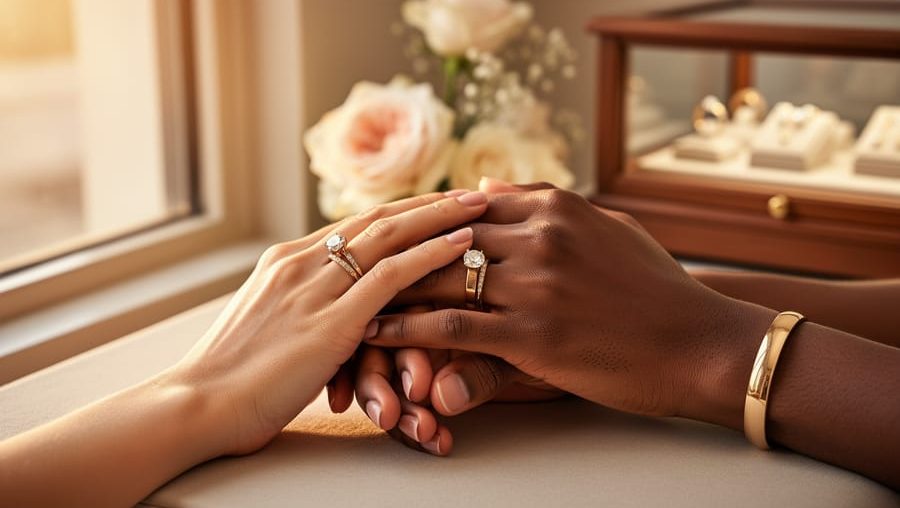 Close-up from above of two clasped hands with different skin tones wearing matching bridal ring sets—one hand with a diamond engagement ring nested with its wedding band, the other with a coordinating band—lit by warm window light with blurred jeweler displays and florals behind.
