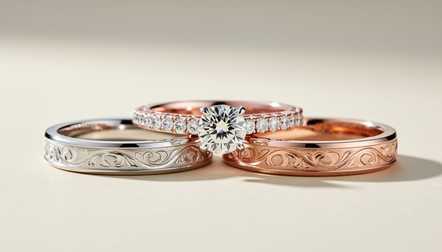 Close-up of matching platinum wedding band set with complementary designs