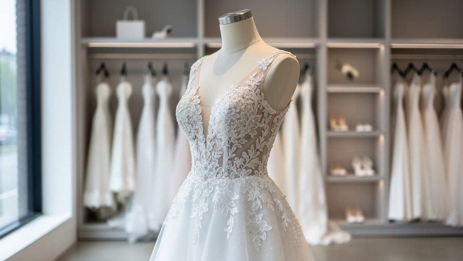 A detailed bridal gown on a mannequin in a softly lit bridal boutique, suggesting Berta wedding dress pricing in Canada.