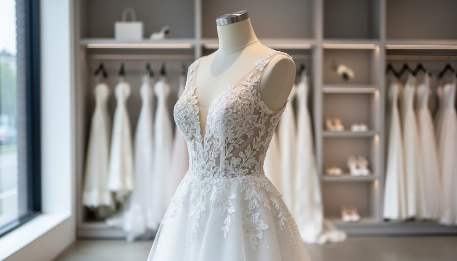 A detailed bridal gown on a mannequin in a softly lit bridal boutique, suggesting Berta wedding dress pricing in Canada.