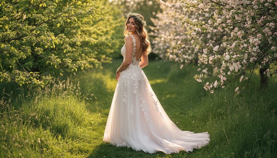 Bride holding the hem of her wedding gown while standing in a spring garden with soft flowers and greenery