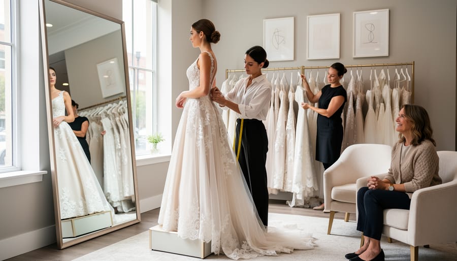Close-up of a bridal consultant’s hands adjusting a wedding dress on a dress form.