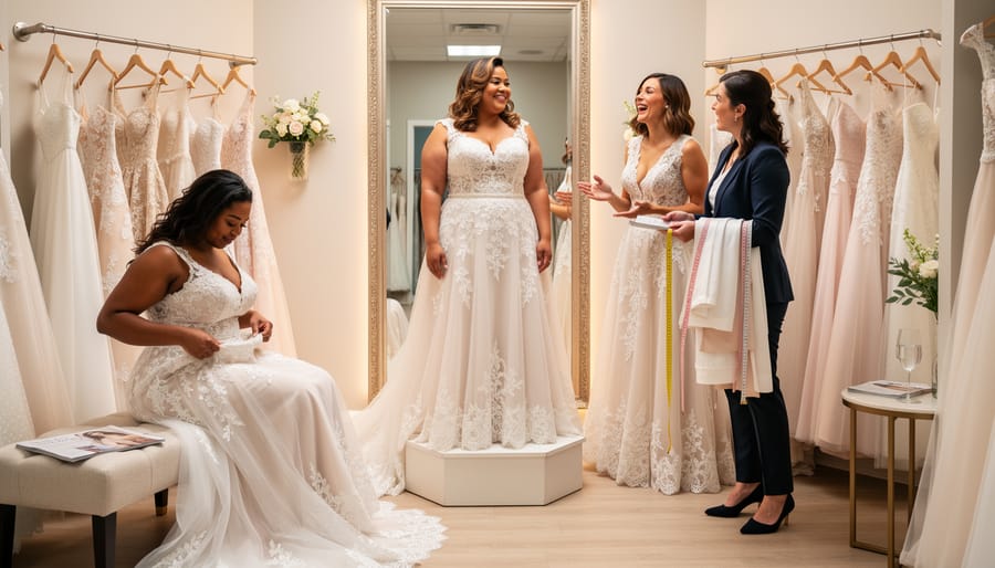 Diverse brides and attendants in a bright bridal boutique fitting room with a wedding gown being tried on