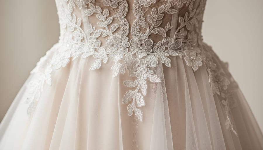 Mannequin wearing a romantic lace and tulle wedding dress with illusion neckline in a bridal studio