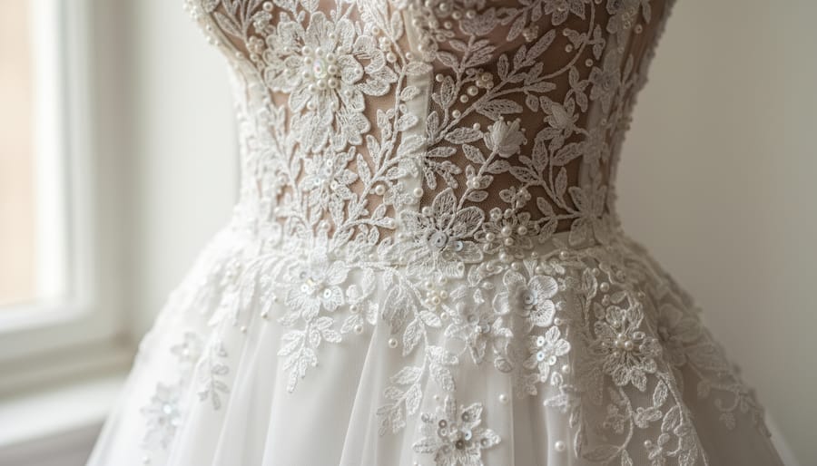 Model wearing a luxurious lace wedding gown inspired by Berta bridal couture in a boutique setting.