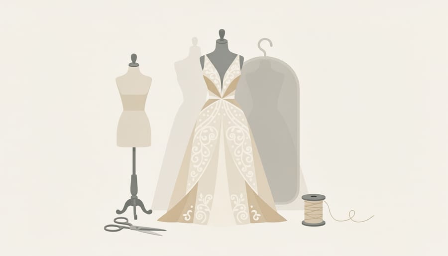 Still life of a wedding dress hanging on a hanger with garment fabric details in soft light.