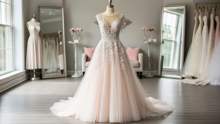 “A romantic lace-and-tulle wedding dress showcased on a dress form in a bridal boutique under soft natural light.”