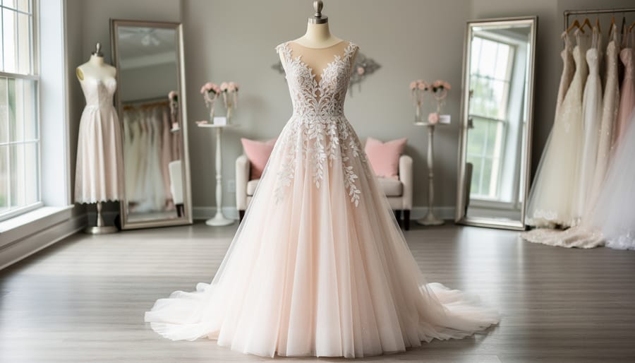“A romantic lace-and-tulle wedding dress showcased on a dress form in a bridal boutique under soft natural light.”
