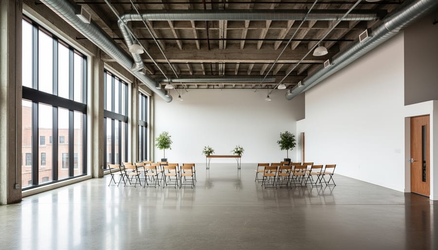 Banquet table and wedding décor in a modern industrial event space with warm ambient lighting