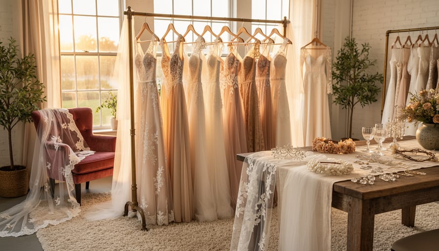 Bohemian lace wedding dress and veil hanging in a softly lit bridal fitting room