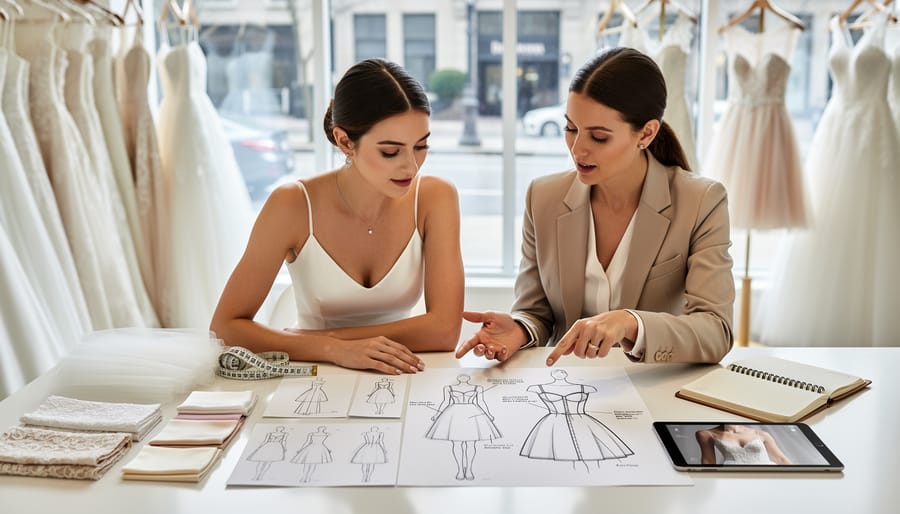 Boutique consultant and bride examine a short wedding dress fabric and seams during an appointment