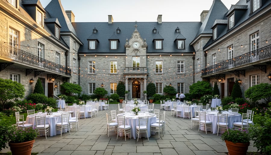 Bridal celebration in front of a grand stone château with guests in an outdoor courtyard