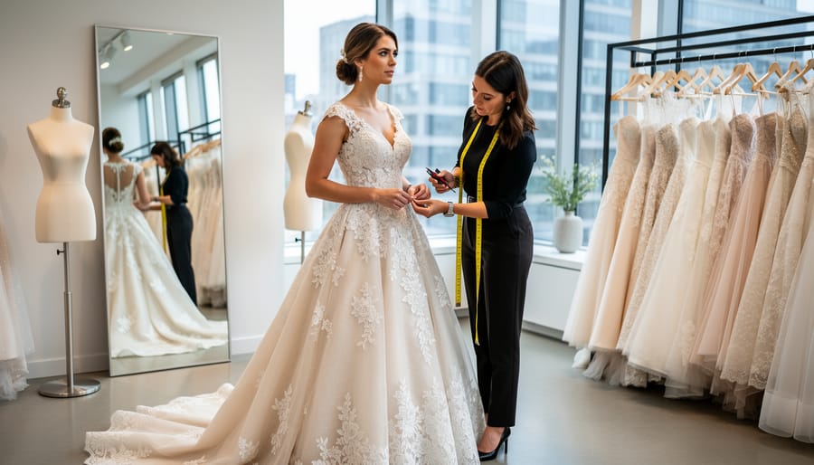 Bridal stylist adjusting a bride’s embellished wedding dress during an appointment in a boutique