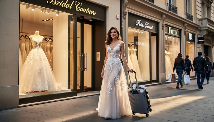 Bride and companion preparing for a bridal shopping trip with a garment bag outside an upscale storefront