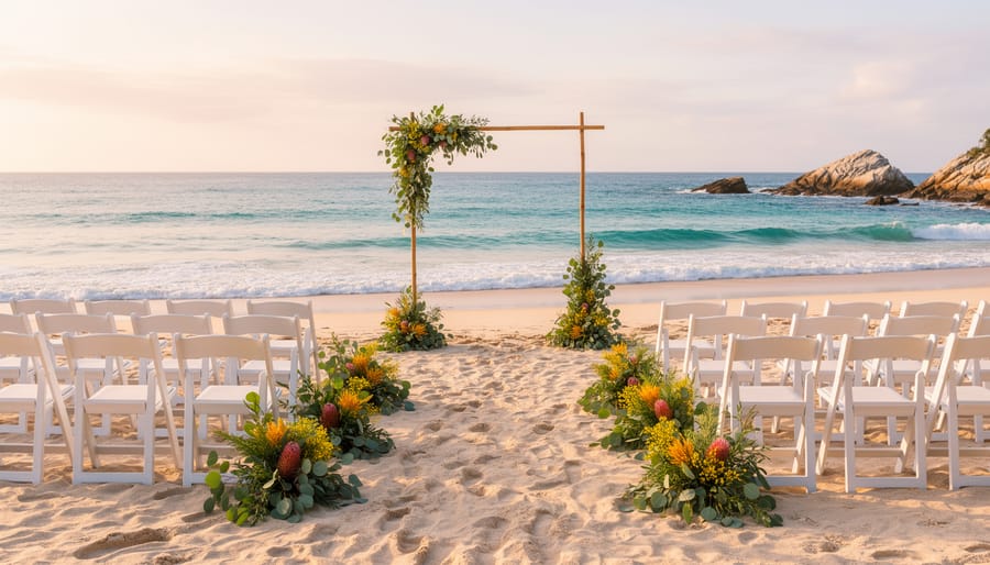 Bride and groom walking along a wildflower-lined pathway overlooking the ocean at sunset