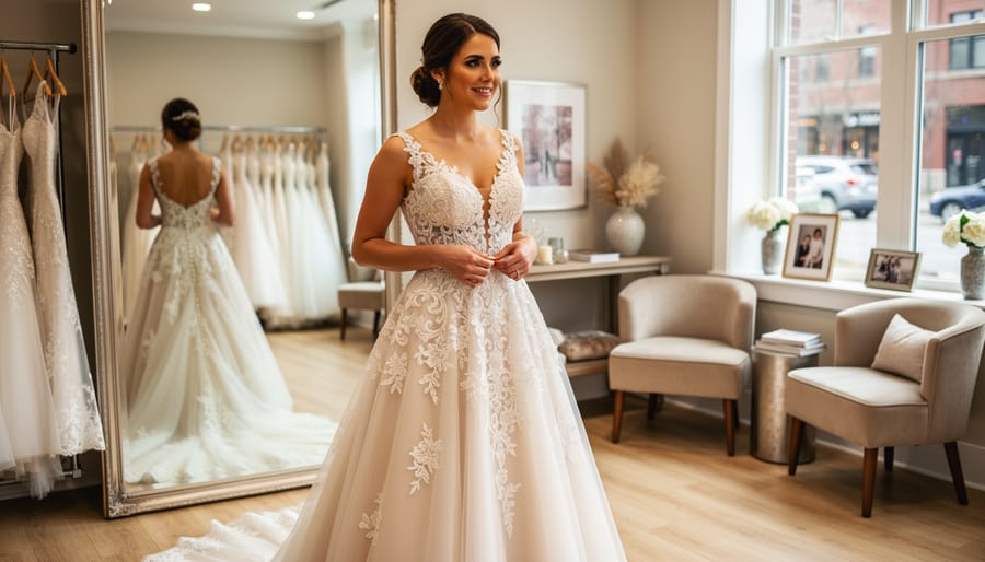 Bride and stylist adjusting a lace wedding dress during an in-store fitting in a boutique