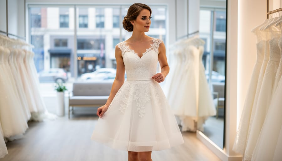 Bride trying on a tea-length wedding dress in a Canadian bridal boutique fitting room