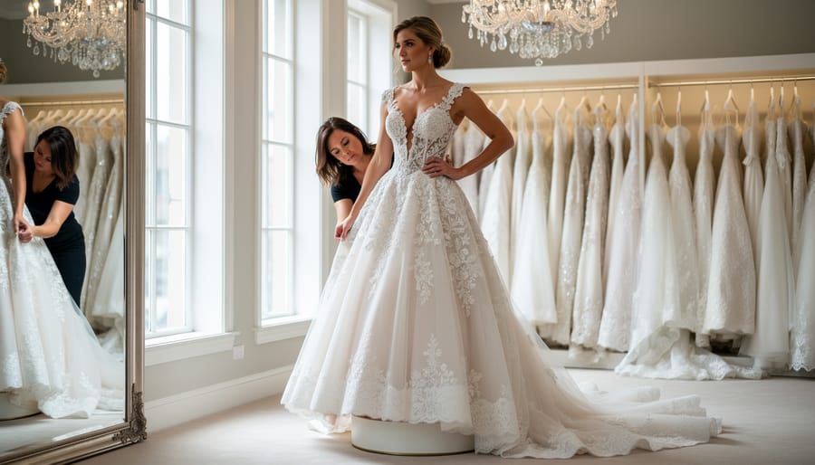 Bride trying on an embellished bridal gown with a sheer corset bodice in a boutique fitting room