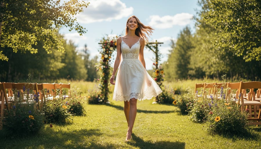 Bride wearing a mini or high-low short wedding dress at an outdoor ceremony with golden-hour lighting