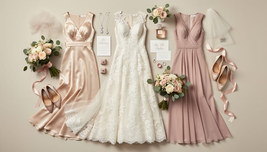 Bridesmaid dresses and bridal accessories arranged neatly with visible fabric texture