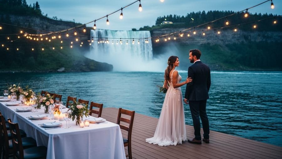 Wedding weekend scene in Canada with a couple on a lakeside deck near string lights, a reception table set for dinner, and a distant waterfall in the background.