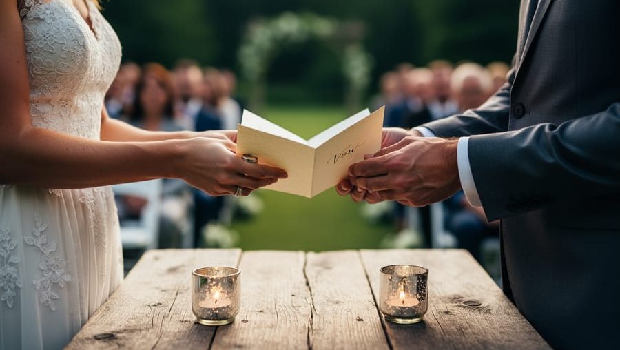 A Canadian couple’s hands holding open wedding vow cards with rings visible during an outdoor ceremony.