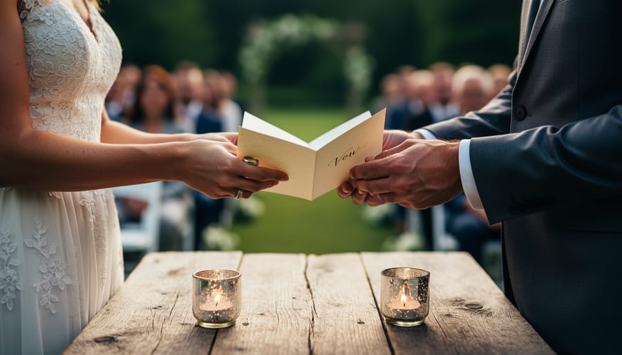 A Canadian couple’s hands holding open wedding vow cards with rings visible during an outdoor ceremony.