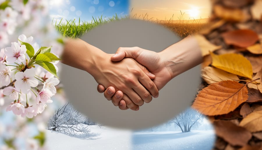 Clasped hands surrounded by spring, summer, autumn, and winter floral elements