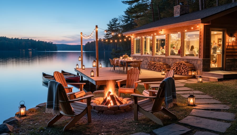 Couple and wedding guests by a lakeside bonfire with lanterns and string lights at Ontario cottage country
