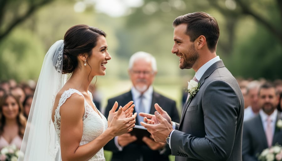 Couple engaging in a question and answer vow moment with officiant nearby