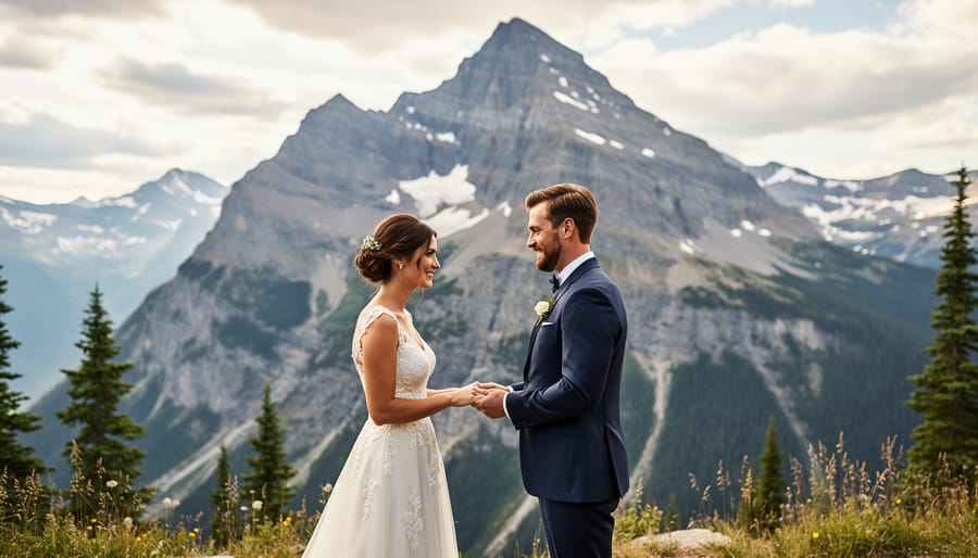 Couple exchanging vows outdoors with mountains in the background