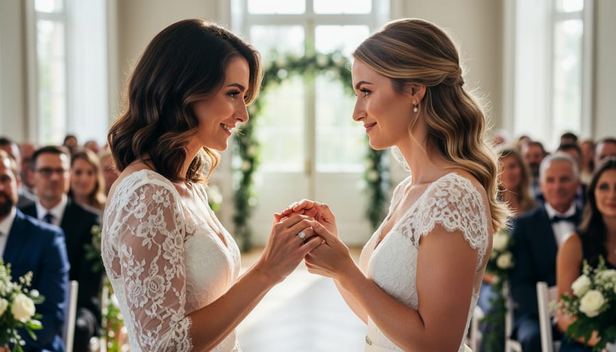 Couple holding hands during a wedding vow moment with floral ring decor in the background