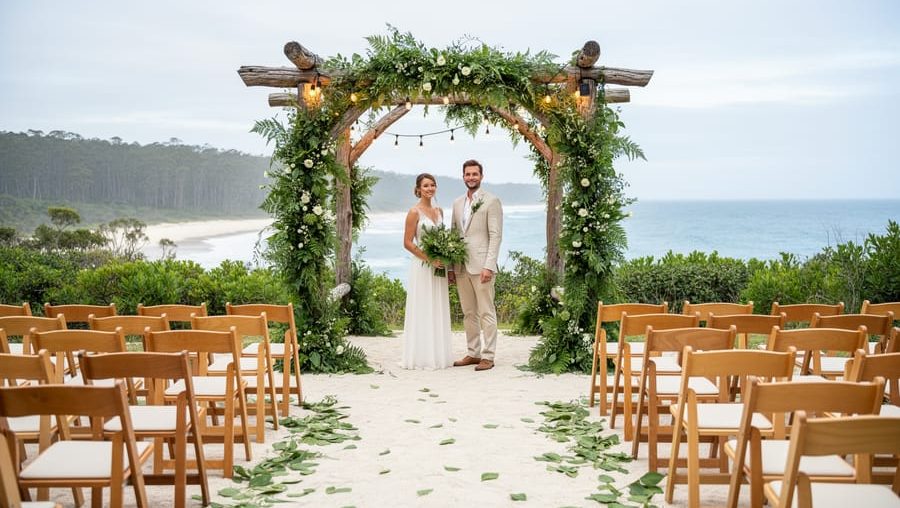 Eco-friendly wedding ceremony arch decorated with coastal greenery near ocean and forest views on the Sunshine Coast.