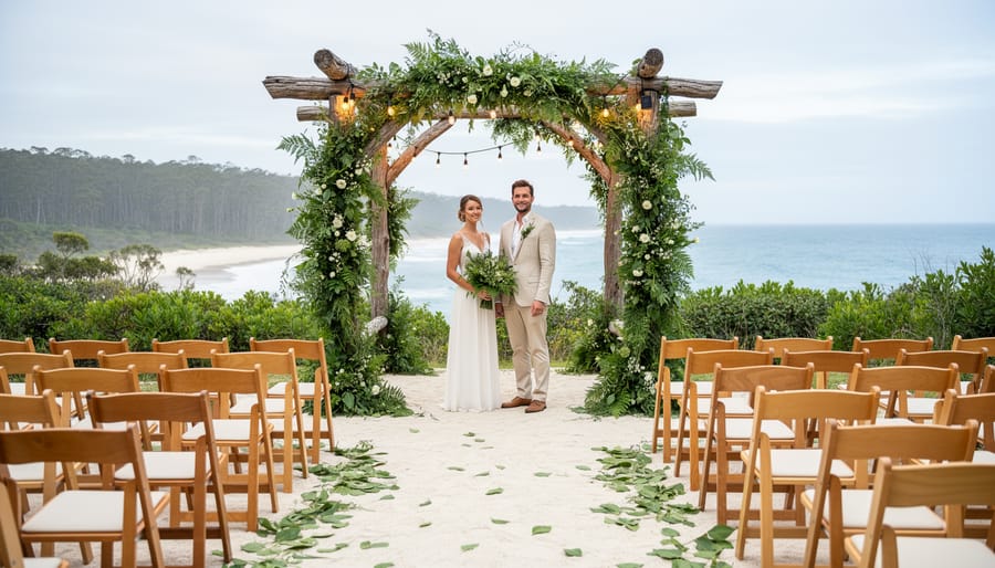 Eco-friendly wedding ceremony arch decorated with coastal greenery near ocean and forest views on the Sunshine Coast.