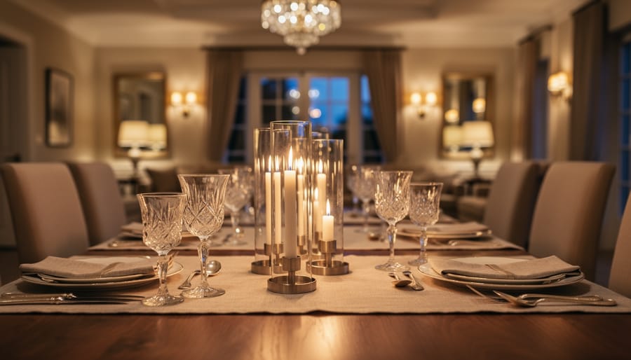 Elegant luxury wedding reception table with crystal glassware, candles, and estate decor