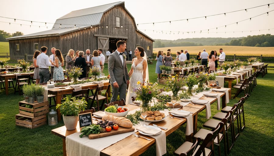 Farm reception table styled with seasonal vegetables, herbs, and rustic wooden textures